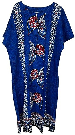 Kiran Fashion Ladies 100% Cotton Long Kaftan Dress Summer Ethnic Print Beach Cover One Size (Blue)
