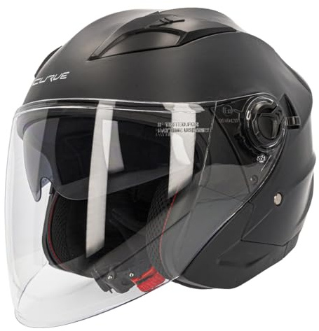 Casco Moto Jet Curve Mercury Negro Mate, Material ABS, Visor Solar Ahumado, Cierre micrométrico, Adultos, Hombre y Mujer, ECE 22.06 (M)