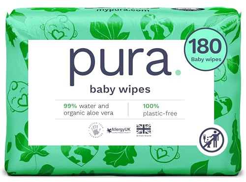 Pura Öko-Feuchttücher für empfindliche Babyhaut, 180 Tücher (3 x 60 Tücher), Monatsbox, 99% Wasser, 100% plastikfrei, biologisch abbaubar, Hautfreundlich bei Neurodermitis, Neugeborene