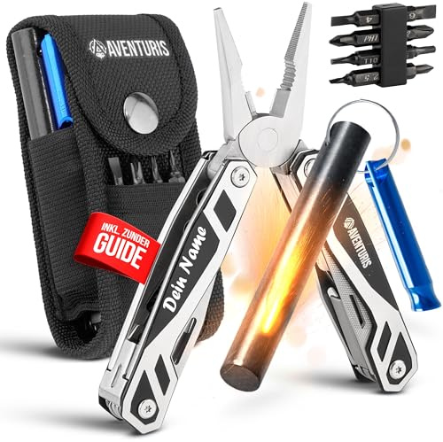 AVENTURIS® Multitool-Feuerstahl-Set PERSONALISIERT, Ostergeschenk für Männer, Survival-Outdoor- Ausrüstung mit 21 Funktionen Multitool Werkzeug kombiniert mit Feuerstahl als Set. Multitool Geschenk