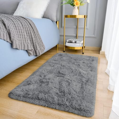 MOONLIGHT20015 Rugs Living Room – Grey Area Rugs for Bedroom Non Slip – Fluffy Shaggy Rug Super Soft Small Thick Pile Non-Shedding Plush Carpet for Lounge, 60cm x 110cm