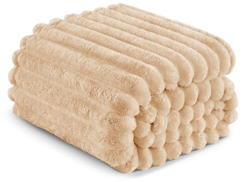 Exclusivo Mezcla Couverture Polaire, Plaid Canapé en Rayé, Couverture de Lit Super Douce en Jacquard, Léger et Moelleux pour Toutes Les Saisons, 220x240CM, Chameau