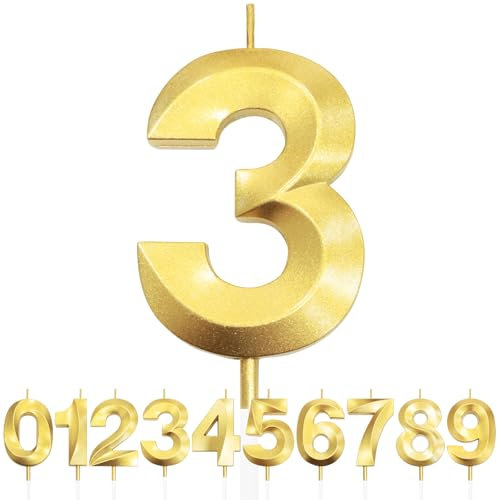 Nummer 3 Geburtstagskerze, 3. Geburtstag Kerze, 3D Design Gold Glitter Nummer Kerzen, Cake Topper Dekorationen, Kuchen Kerze für Geburtstagsparty, Hochzeitstag, Baby-Dusche, Party-Dekoration