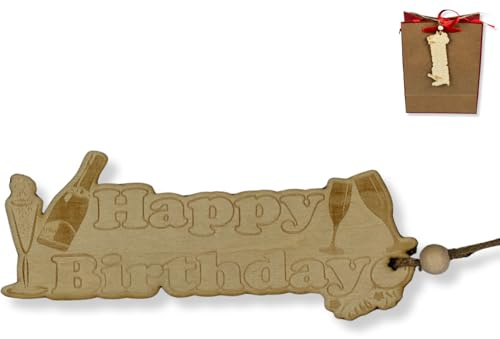 DIWULI Geschenkanhänger aus Holz Happy Birthday mit Sektflasche | Made in Germany | Geschenk-Deko mit Band | Geburtstag Party Mann Frau Geburtstagsdeko | Anhänger Geschenk verschönern basteln