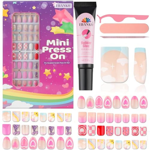 EBANKU 130 Stück Nägel Aufdrücken Grills, Kinder Fake künstliche falsche Nagelspitzen Vollständige Abdeckung kurze Acrylnägel für Mädchen Kinder Nagelkunst Dekoration