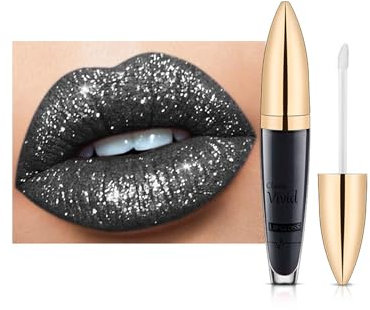 Metallic Black Lipstick - Diamond Shimmer Matte Liquid Lipstick - Waterproof, Long Lasting Sparkly Metallic Lip Gloss for Women Girls