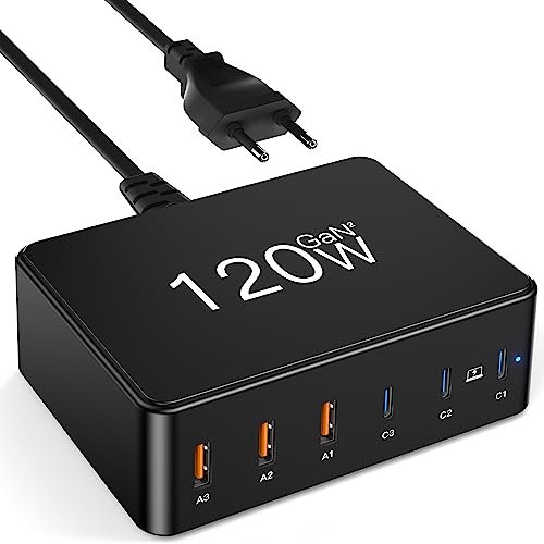 Caricatore GaN 120W, 6 Porte USB C e USB-A, Stazione di Ricarica Multipla PD QC 3.0 per MacBook Pro, Laptop, iPhone, iPad, Samsung