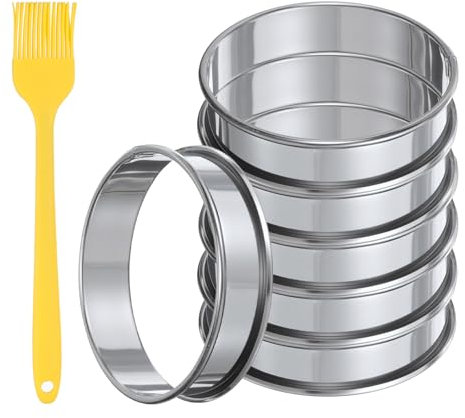 sourcing map 6pcs Round Crumpet Rings 4 Inch Double Rolled Cake Muffins Molds with Brush Stainless Steel Nonstick Baking Ring for Cake Pastry Baking Cooking, Silver Tone