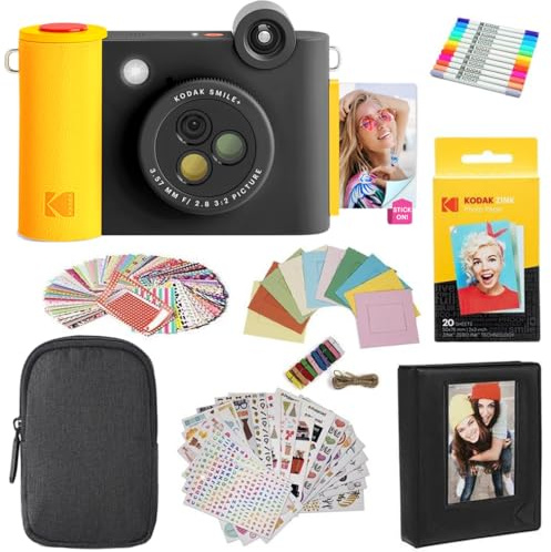 KODAK Smile+ - Paquete de Regalo de cámara instantánea Digital e Impresora fotográfica 2 en 1, Funda + Papel Zink + álbum + calcomanías + Marcos + marcadores, Color Negro
