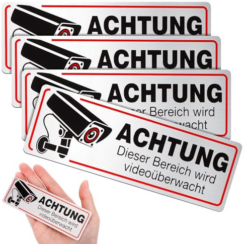4 cartelli di videosorveglianza, 12 x 4 cm, adesivi per videosorveglianza, attenzione, privato, segnale di avvertimento, segnale di sorveglianza