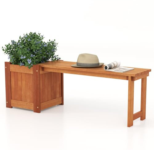 TANGZON Wood Planter Box with Bench, Raised Garden Bed with Seat, Teak Oil Finish & Open-ended Base, Outdoor Flower Box Kit Patio Decor Bench for Garden Yard Balcony