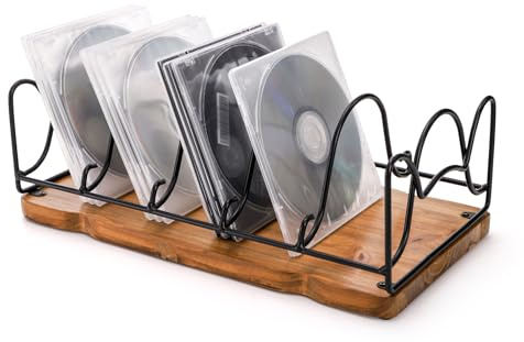 Frcctre Vintage CD Storage Holder, Metal Wire Wooden Base 5 Slots CD/DVD Storage Rack, Rustic Display Shelf for CDs, DVDs and Video Games, Holds Up to 25 Jewel Cases