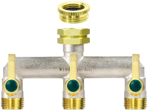 Distributore dell'acqua a 3 vie, distributore d'acqua a 3 vie, in ottone nichelato, distributore per rubinetto da giardino, 3 vie, con manici di prolunga dorati, connettore esagonale da 3/4 pollici
