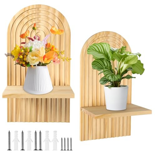 Omtofo 2 Stück Wandregal Holz Boho Wanddeko Holz Wand Deko Kinderzimmer Wand Regale Klein Pflanzregal für Wohnzimmer Schlafzimmer (Natur)