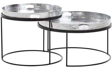 KADIMA DESIGN Couchtisch 2er Set Silber/Schwarz Metall Hammerschlag Satztisch Rund | Sofatisch abnehmbares Tablett | Tabletttisch Sofa 2 teilig Modern | Runder Beistelltisch