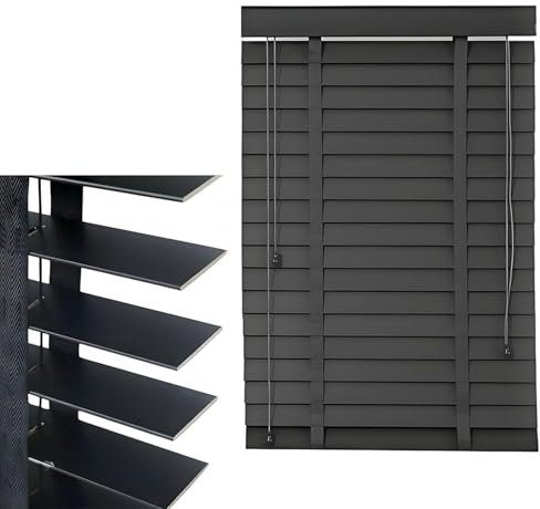 Jalousie Holzjalousie 5cm Lamellen, Jalousette Echtholz, Horizontale Jalousien 65cm 70cm 80cm 85cm 90cm 110cm Gefiltertes Licht Jalousie Holz jalousien Für Fenster, Einfache Montage(Schwarz)