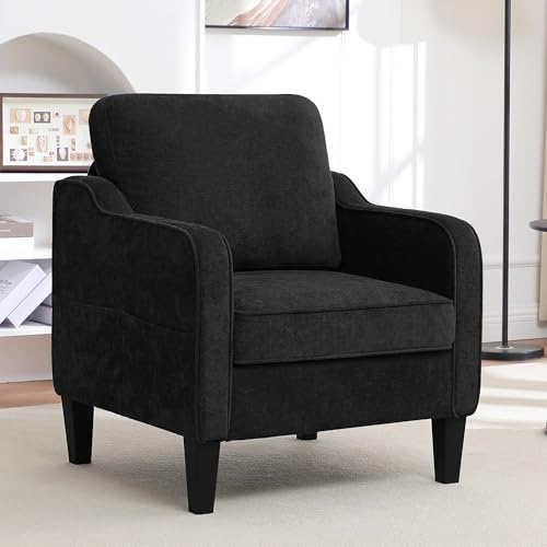 choairy Accent Chair for Living Room, Mid Century Modern Reading Chair for Bedroom, Upholstered Armchair with Side Pockets, Comfy Single Sofa Side Chair for Office, Apartment, Small Room, Black