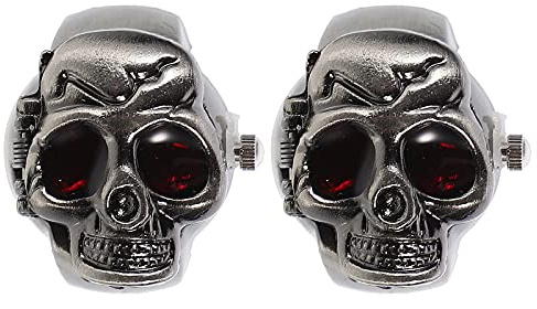 Homoyoyo 2 Stück-Pack Punk Ring Uhr Damen mit Klappbarem Gehäuse Zinklegierung Retro Skull Design Lässige Vintage Fingeruhr Einfache Zeitablesung