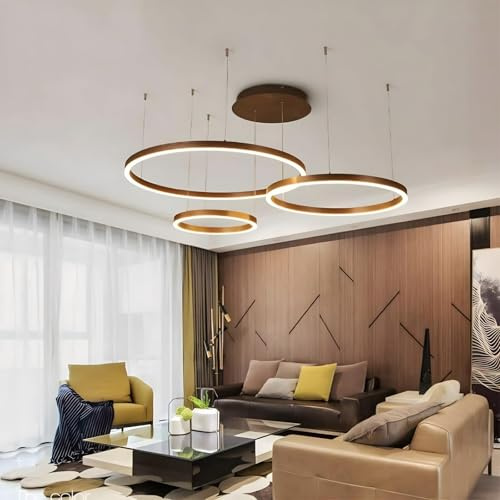 SJUN Moderner LED-Kronleuchter DIY Kreis LED-Pendelleuchte Metall + Acryl Fernbedienung Dimmbar Runde Deckenleuchte Wohnzimmer Schlafzimmer(Brown,A-20+40+60CM)