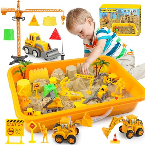 Magic Sand Sensory Toy, Edificio Sensory Bin, Trattori inclusi, camion giocattolo, modelli di costruzione, lavoratori, cartelli stradali, DIY Art Kit per bambini di età 3 e superiore (costruzione)