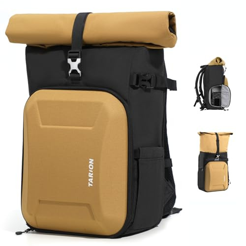 TARION Zaino Fotografico Fotocamera Rolltop: Zaino Fotocamera Reflex Impermeabile con Borsa Fotografica Scomparto per Laptop da 16 Copertura Antipioggia per DSLR SLR Mirrorless (Oro)