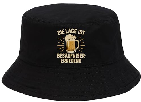 Die Lage ist besäufniserregend Hut – schwarzer Fischerhut mit Bier Spruch – witziger Saufhut für Herren Damen – Festivalhut Malle Partyhut Junggesellenabschied Geschenk Fischerhut Saufen JGA Mallorca