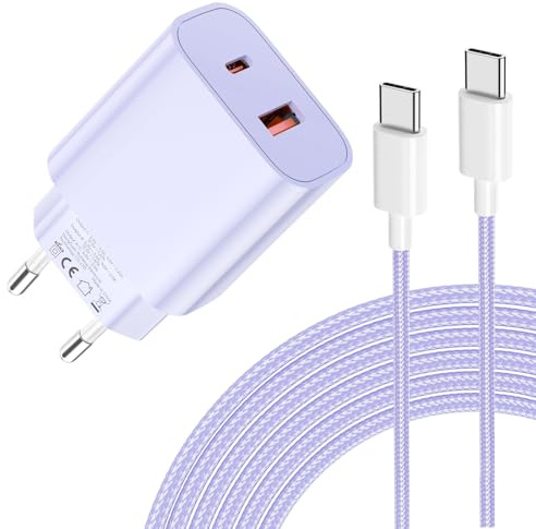 Chargeur 20W pour iPhone 17- Chargement Ultra Rapide à Deux USB Ports avec Câble USB C 2M pour iPhone 17/16/15, pour Samsung, pour Pad, Pixeli etc-Violet