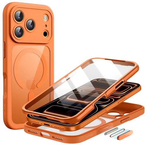 JETech Funda para iPhone 17 Pro MAX 6,9 Pulgadas con Protector Pantalla Cristal Vidrio Templado Incorporada y Botón Control Cámara, Compatible con MagSafe, Carcasa 360 Grados (Naranja)