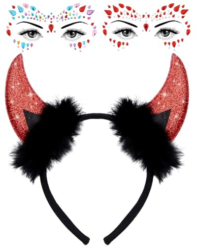 MOPZIJA 1PCS Karneval Halloween Deko Teufelshörner 2PCS Glitzer Tattoo Gesicht Steine,Teufel Hörner Haarschmuck Haarreifen Männer Damen Kinder,Karneval Halloween Cosplay Party Teufel Kostüm Zubehör