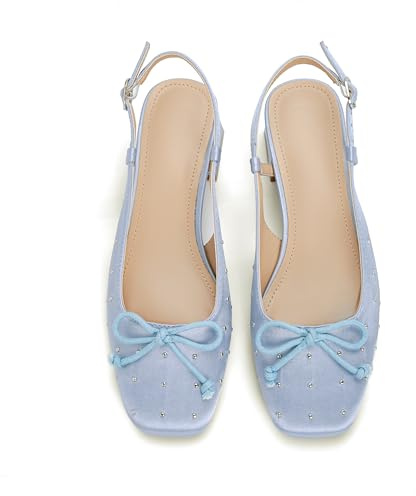 Lhamo Latso Slingback Ballet Pumps with Bow 2 Inch Studded Pump Low Block Chunky Heels Rhinestone Party Dessy Casual