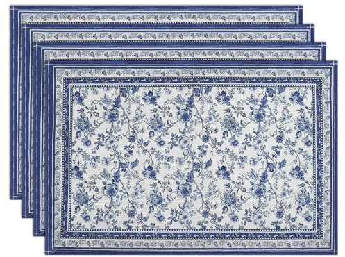 comfoyar Tischsets Blumenzweige Blau 4er Set, Platzsets Leinen Jahrgang Blume Waschbare, Rustikaler Landhausstil Platzdeckchen für Framhaus Küche, Esszimmer Partytisch Dekoration(30x45cm)