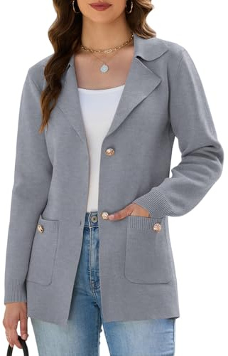 KateModa Women's Sweater Blazers Bussiness Casual Jacket Long Sleeve Cardigan Button Front Lapel Suit with Pockets Grey L