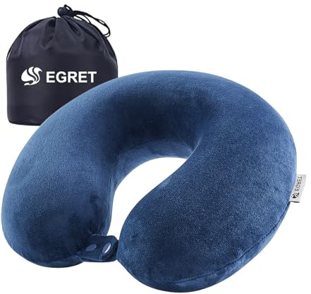 EGRET Memory Foam Nackenhörnchen für Reisen – Ergonomische Unterstützung für Kopf, Nacken & Kinn – Super Leichtes Nackenkissen für Flugzeug, Auto, Büro mit Aufbewahrungsbeutel (Marineblau)