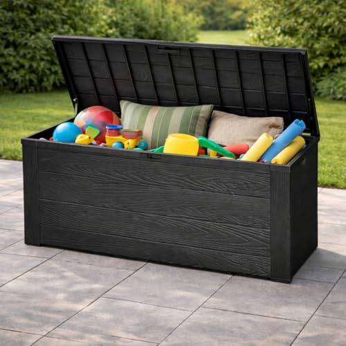 Jack Stonehouse 300 Litre Outdoor Plastic Storage Box with Lid | Garden Patio Utility Cushion Chest | Wooden Effect Toy Tool Store | Black