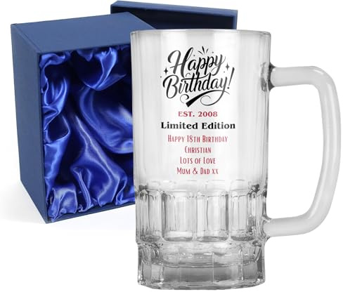 Personalised Limited Edition Birthday 20oz Pint Glass Beer Mug Tankard Stein Gift for Boys Him 18th 21st 30th 40th 50th 60th 70th - Dishwasher Safe (Print with Handle on Right, Silk Lined Gift Box)