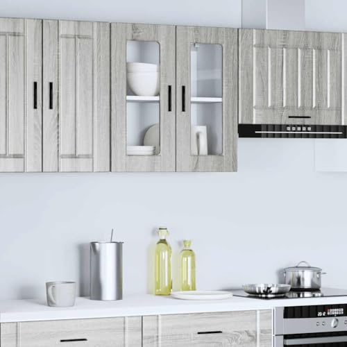 Ezbryzmatic Porto Kitchen Cabinet Grey Sonoma with Glass Door Made of Chipboard, 60 x 31 x 60 cm, 75 kg Load Capacity, Wall Mounted for Storage Room, Tableware, Showcase, Dining Area, Coffee Bar
