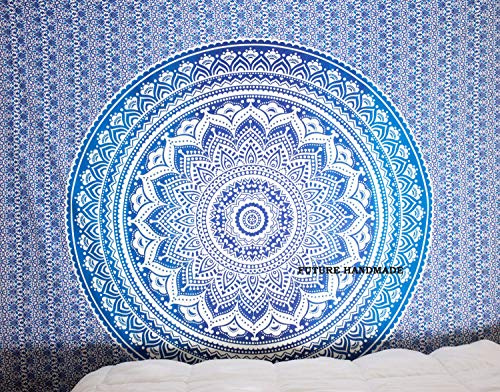 FUTURE HANDMADE Mandala Wandteppich Wandbehang Wandteppiche Boho Blau Ombre Wandtuch für Dekor Zuhause und Wohnzimmer
