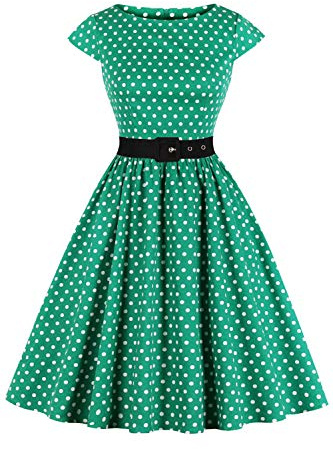 AXOE Damen Rockabilly Kleider 50er Jahre Baumwolle Gürtel Grün Hintergrund Weiß Polka Dots, Gr.42, XL