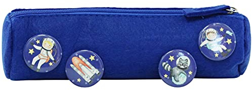 Papierdrachen Federmäppchen mit 4 Buttons für Jungen und Mädchen | Filzmäppchen in blau mit Astronaut-Motiv Einschulung | Schulmäppchen Set Nr 5