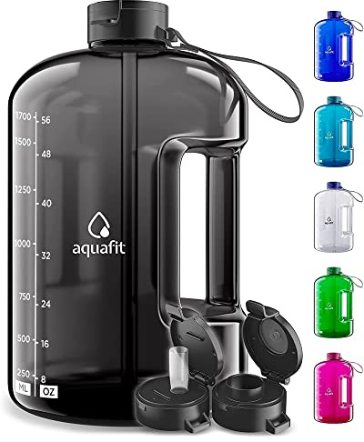 AQUAFIT 2 Litre Water Bottle with Straw - Water Bottles 2L with Time Marker - Half Gallon Big Bottle with Straw - Large Bottle For Gym - Grey, 2 Lids