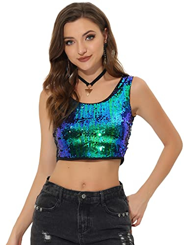 Allegra K Damen Metallic Crop Top Y2K Pailletten Rundhals Ärmellos Party Clubwear Weste Tank Tops, Grün-blau, 38