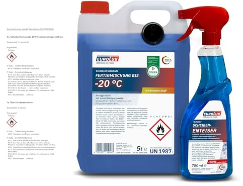 EUROLUB 1x Scheibenfrostschutz 5l bis -20° Gebrauchsfertig Frostschutzmittel Scheibenwaschanlage + 1x 750 ml Scheibenenteiser Spray Eisenentferner ohne kratzen in praktischer Sprühflasche