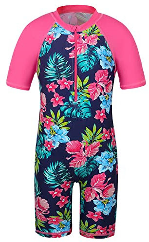 HUAANIUE Mädchen Badeanzug 2-12 Jahre, Einteiler mit UV-Schutz UPF50+, Kurzarm, Front-Reißverschluss, Bunte Druckmuster ideal für Schwimmen & Strand (S253-Marine Blau Blume, 11-12 Jahre)