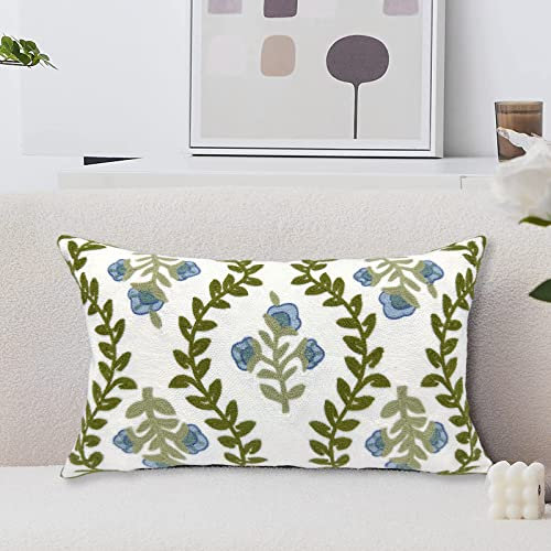 Alysheer Flower Embroidered Farmhouse Lumbar Decorative Throw Pillow Cover 12x 20, Cottage Floral Green Leaves Knit Pattern, 100% Cotton Canvas Cushion Case for Sofa Couch Bedroom Decor(Blue Flower)