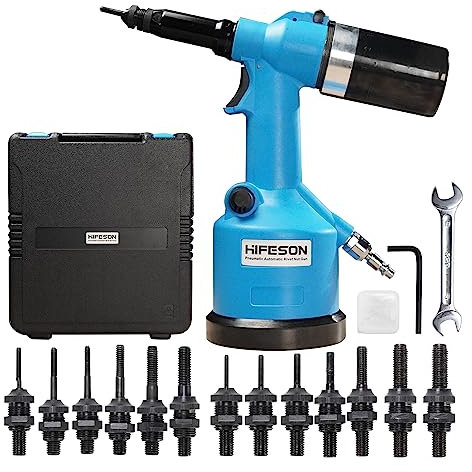 HIFESON Heavy Duty Air Hydraulic Rivet Nut Tool, Pneumatic Riveter Automatic Rivet Nut Gun Tool Setting Kit Come with 13 Size Metric and SAE Nose-Piece Assembly