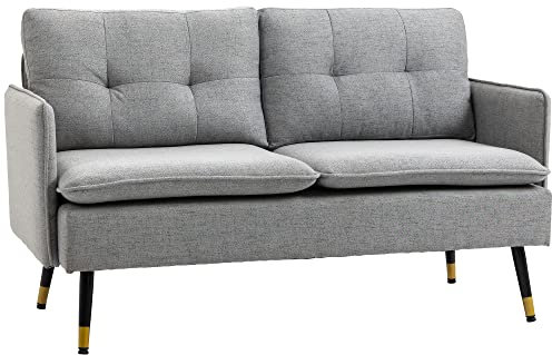 HOMCOM Polstersessel Armlehnensessel mit Kissen Loungesessel Sofa mit Leinenoptik, Stahlbeine, für Wohnzimmer, Schlafzimmer, Grau, 139 x 68 x 80 cm