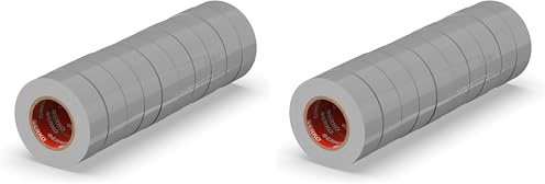 ERKO Cinta aislante 15mm x 10m gris 10 piezas, adhesiva para instalaciones eléctricas PVC, para aislar y reparar cables eléctricos, extrafuerte, agrupar cables (Paquete de 2)
