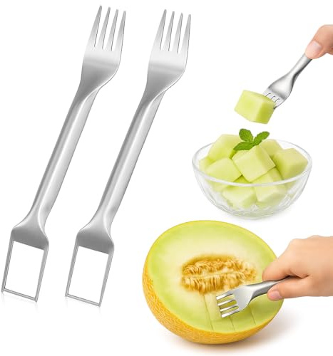 2 Pack Stainless Steel Melon Slicer Forks – Dual-Ended 2-in-1 Cutter and Serving Fork for Watermelon, Honeydew, Cantaloupe – Easy Grip Durable Rust-Resistant Fruit Tool for Easy Cutting and Serving