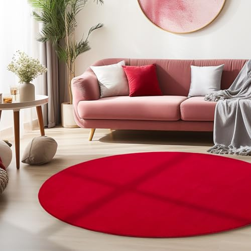 HomebyHome Waschbarer Teppich Rund 120 cm Rot Einfarbig Kurzflor Modern Weich rutschfest Pflegeleicht Maschinenwaschbar für Wohnzimmer Schlafzimmer Esszimmer