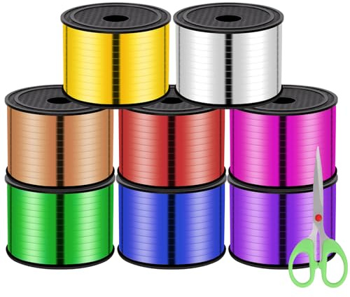 Rustark 8 Rollen 5mm Geschenkband Polyband Set mit Schere, Bunt Ringelband Deko Band Schleifenband Ballonband Rollen Curling Ribbon für Geschenkverpackungen Kunsthandwerk Party Dekorationen